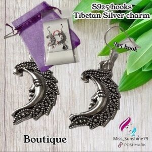 Boutique - Detailed half moon on 925 silver hooks Tibetan silver charm